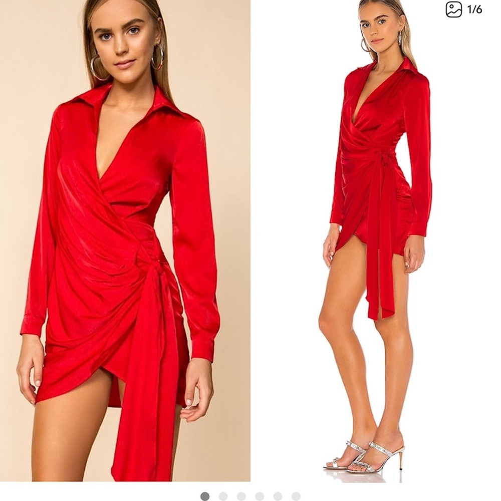 NWT REVOLVE SUPERDOWN Satin Long Sleeve Ruched Tie Waist Collared Wrap‎ Dress XS
